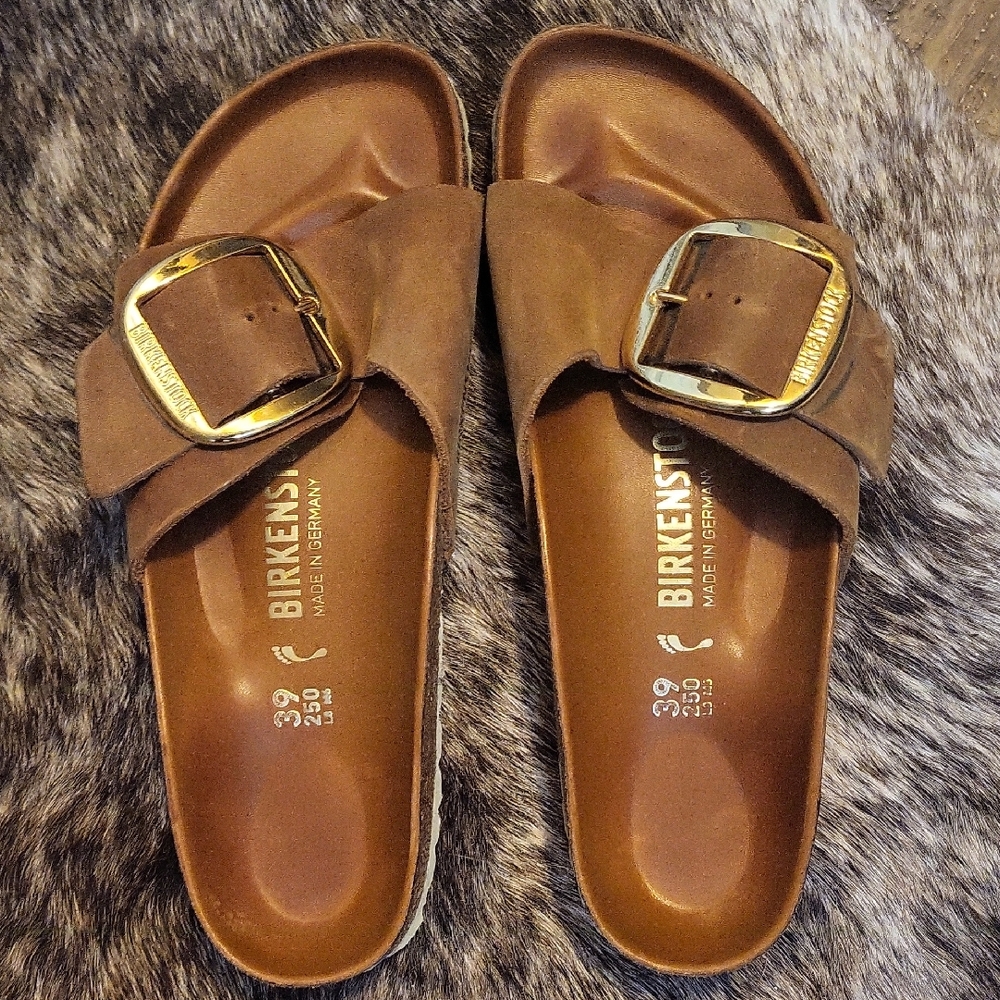 Birkenstock Madrid Big Buckle Sandals in Cognac Brown with Gold Buckles